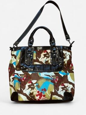 Floral canvas, tote bag Brown faux leather Trim cottage core y2k bag